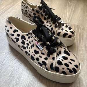 Superga Beige and Black Leopard Platform Sneakers